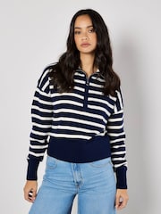 Apricot Blue Zip Collar Stripped Jumper - Image 1 of 4