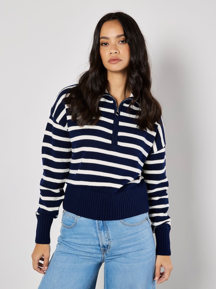 Apricot Blue Zip Collar Stripped Jumper - Image 1 of 4 Apricot Blue Zip Collar Stripped Jumper - Image 1 of 4