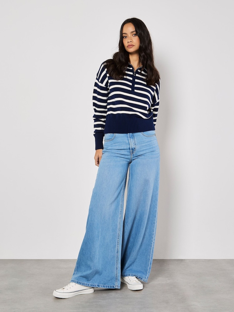 Apricot Blue Zip Collar Stripped Jumper - Image 2 of 4 Apricot Blue Zip Collar Stripped Jumper - Image 2 of 4