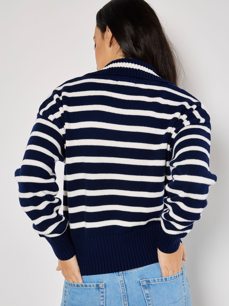 Apricot Blue Zip Collar Stripped Jumper - Image 4 of 4 Apricot Blue Zip Collar Stripped Jumper - Image 4 of 4
