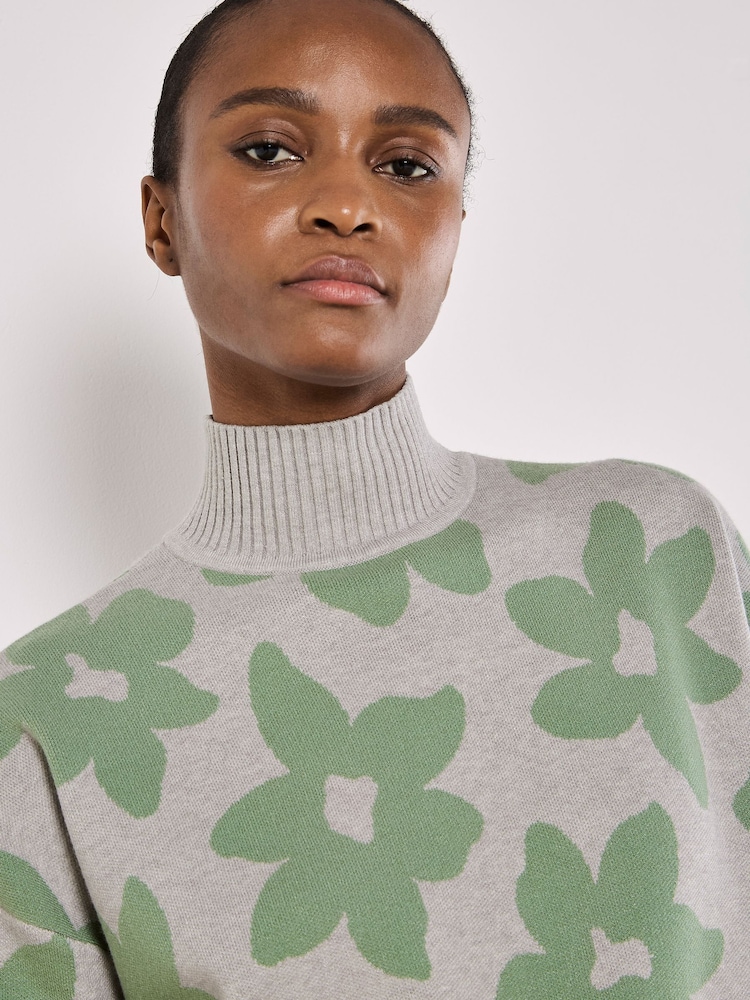 Apricot Grey Jacquard Flower OS Jumper - Image 2 of 3 Apricot Grey Jacquard Flower OS Jumper - Image 2 of 3