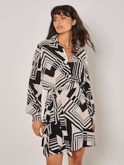Apricot Natural Graphic Squares Mini Shirt Dress - Image 1 of 4