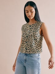 Albaray Animal 100% Cotton Button Shell Brown Top - Image 1 of 5