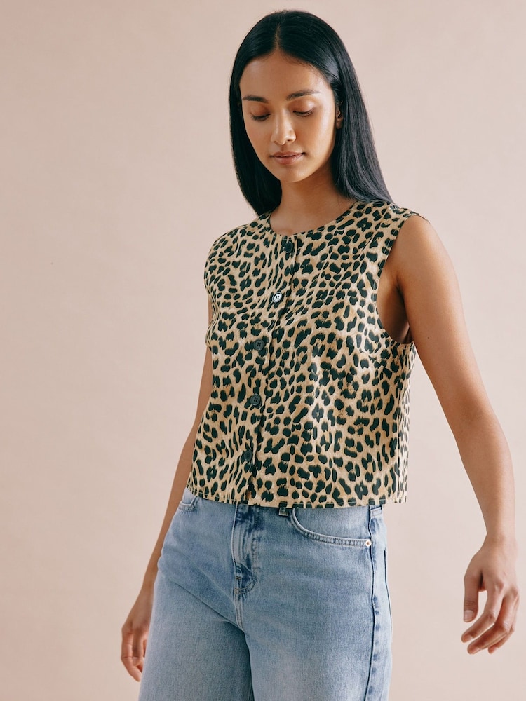Albaray Animal 100% Cotton Button Shell Brown Top - Image 1 of 5