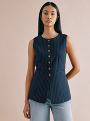 Albaray Blue Pinstripe Collarless Waistcoat - Image 1 of 7