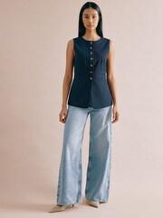 Albaray Blue Pinstripe Collarless Waistcoat - Image 5 of 7