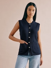 Albaray Blue Longline Knit 100% Cotton Waistcoat - Image 1 of 4