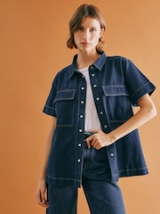 Albaray Blue Dark Denim Short Sleeve 100% Cotton Shirt - Image 1 of 5