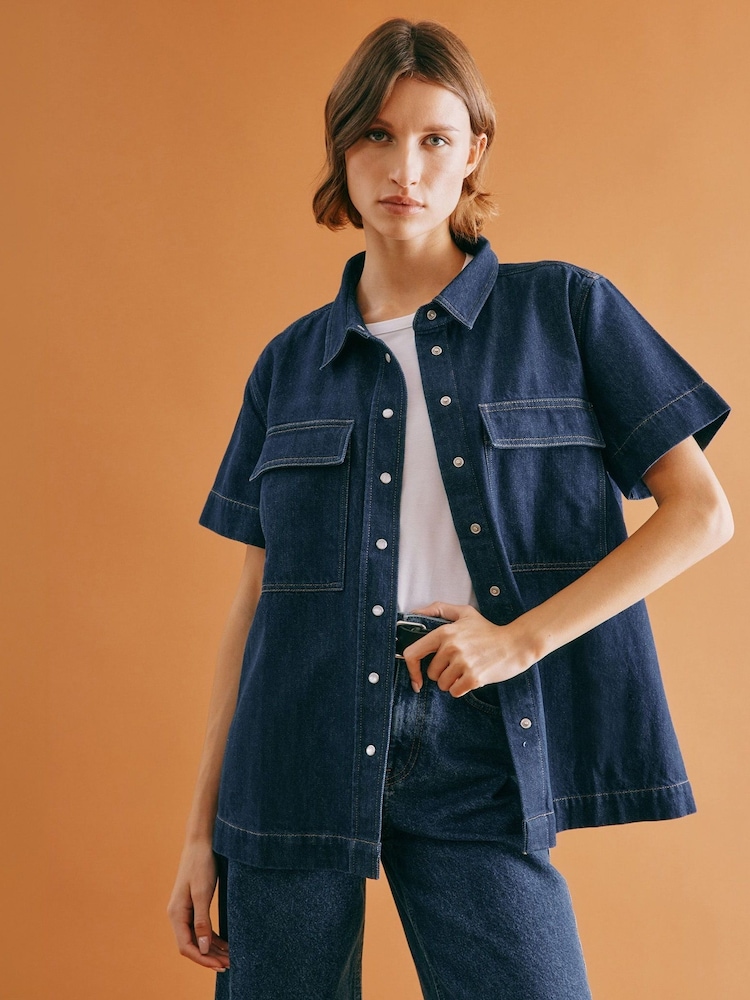 Albaray Blue Dark Denim Short Sleeve 100% Cotton Shirt - Image 1 of 5