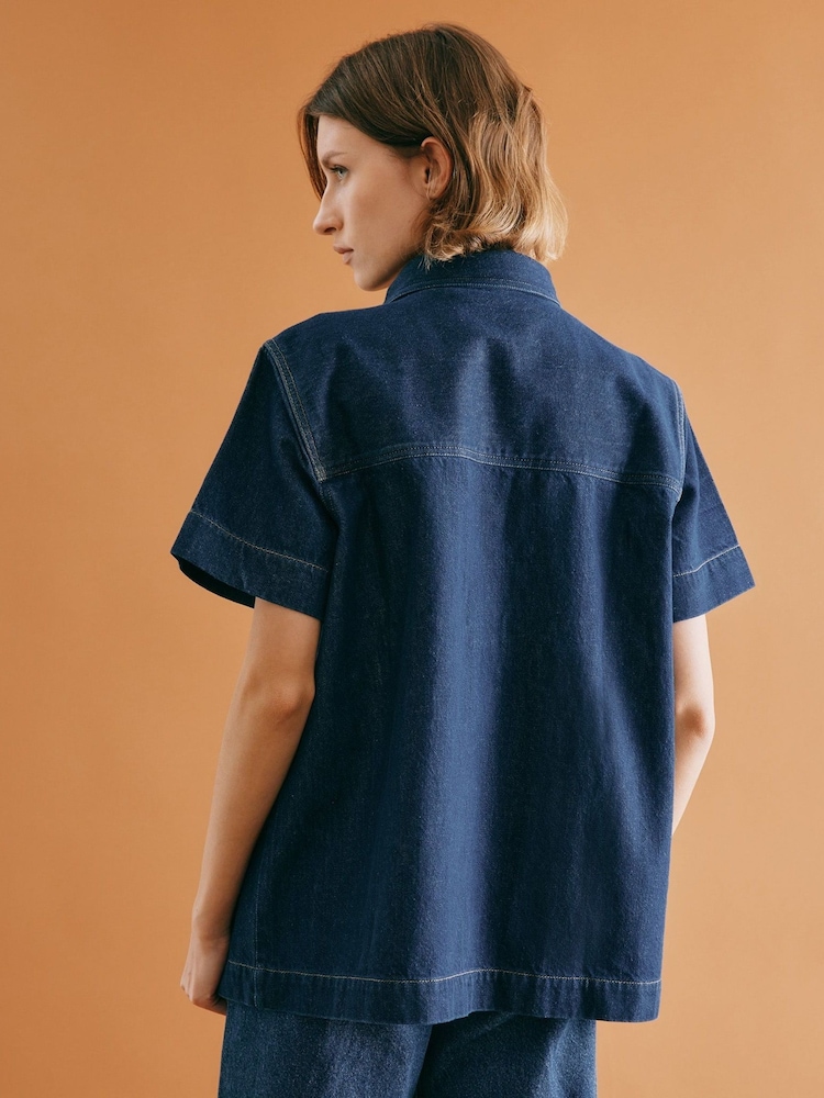 Albaray Blue Dark Denim Short Sleeve 100% Cotton Shirt - Image 2 of 5