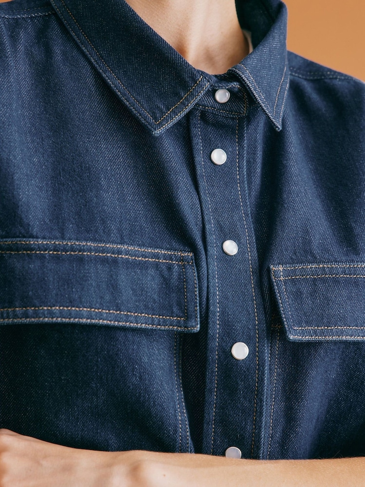 Albaray Blue Dark Denim Short Sleeve 100% Cotton Shirt - Image 3 of 5