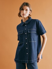 Albaray Blue Dark Denim Short Sleeve 100% Cotton Shirt - Image 4 of 5