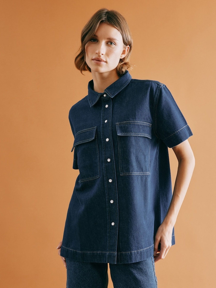 Albaray Blue Dark Denim Short Sleeve 100% Cotton Shirt - Image 4 of 5