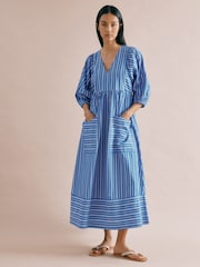 Albaray Blue Stripe V-Neck Midi Dress - Image 1 of 4
