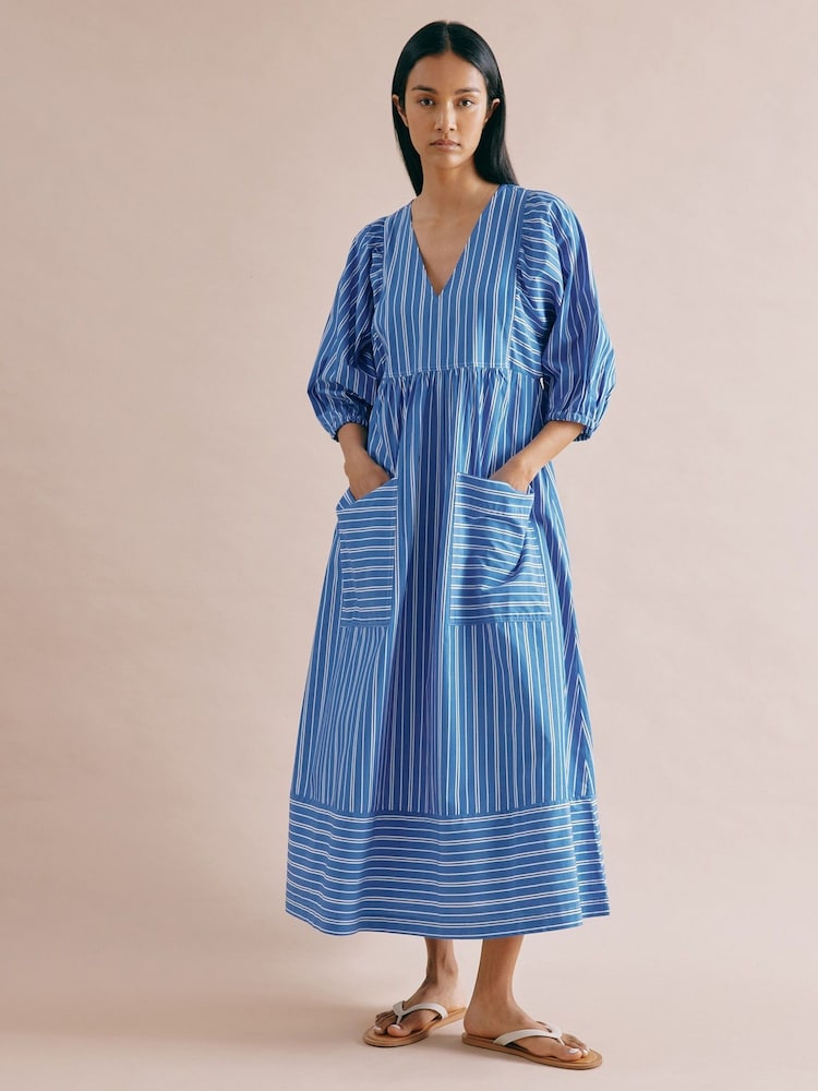 Albaray Blue Stripe V-Neck Midi Dress - Image 1 of 4