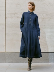 Albaray Denim Blue Pleated 100% Cotton Shirt Dress - Image 1 of 4