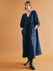 Albaray Blue Dark Denim V-Neck Midi 100% Cotton Dress - Image 1 of 4