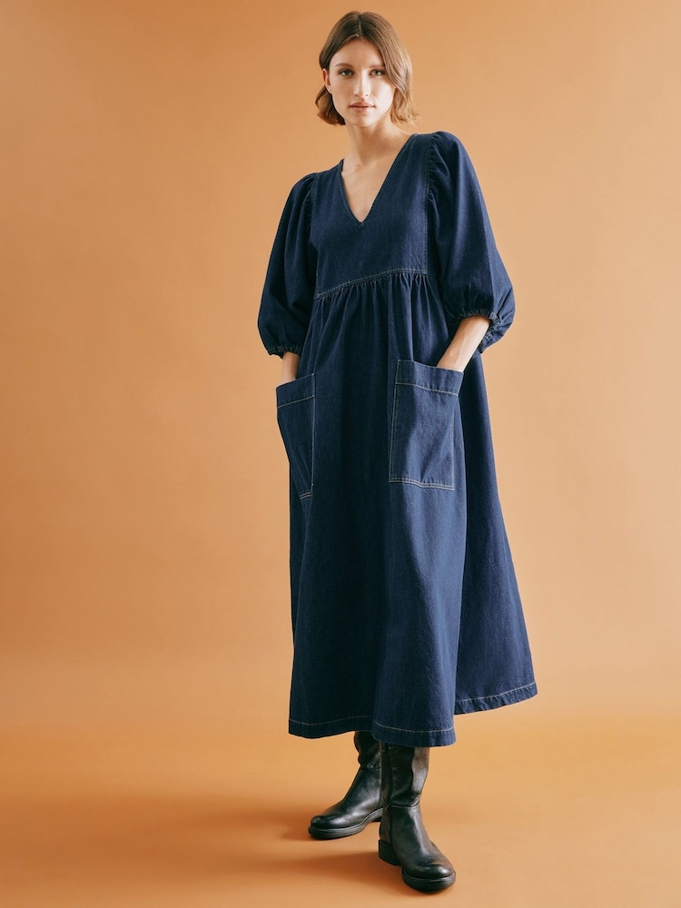 Albaray Blue Dark Denim V-Neck Midi 100% Cotton Dress - Image 1 of 4