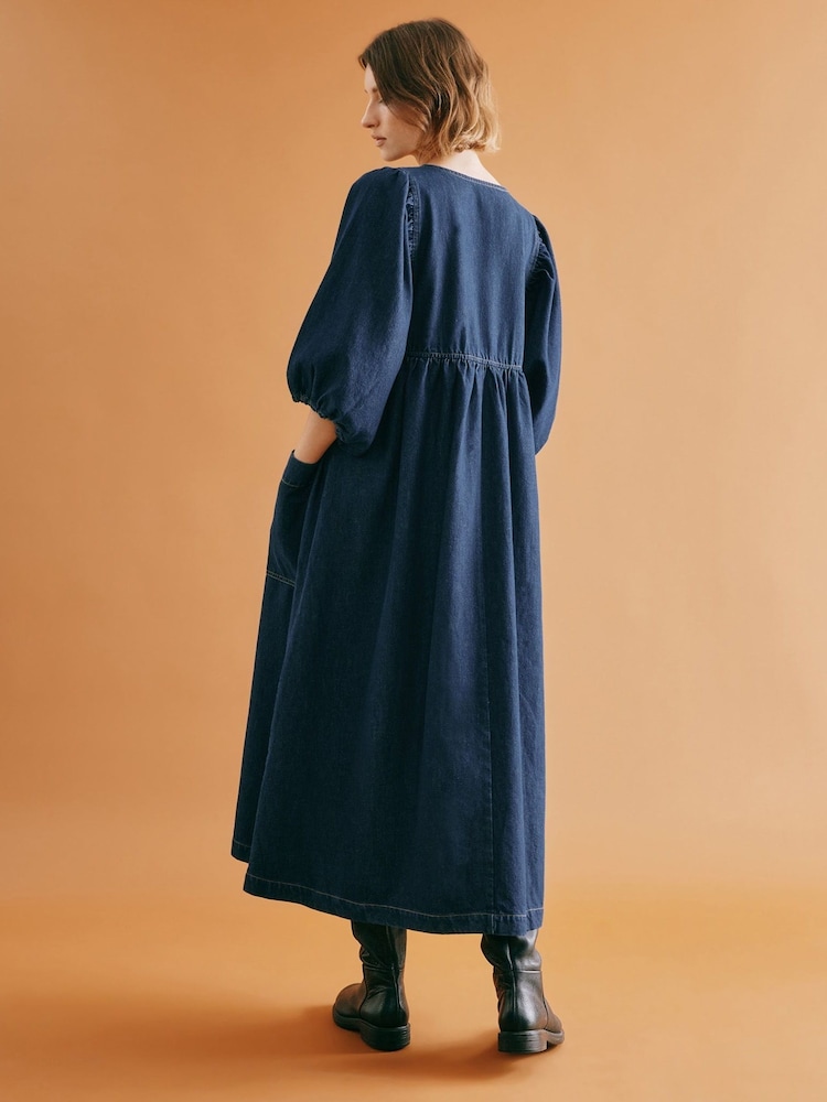 Albaray Blue Dark Denim V-Neck Midi 100% Cotton Dress - Image 2 of 4