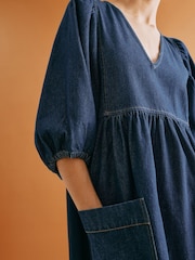 Albaray Blue Dark Denim V-Neck Midi 100% Cotton Dress - Image 3 of 4