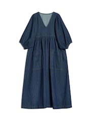 Albaray Blue Dark Denim V-Neck Midi 100% Cotton Dress - Image 4 of 4