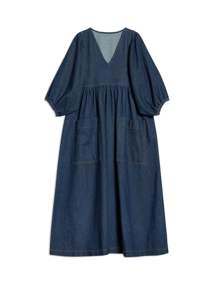 Albaray Blue Dark Denim V-Neck Midi 100% Cotton Dress - Image 4 of 4