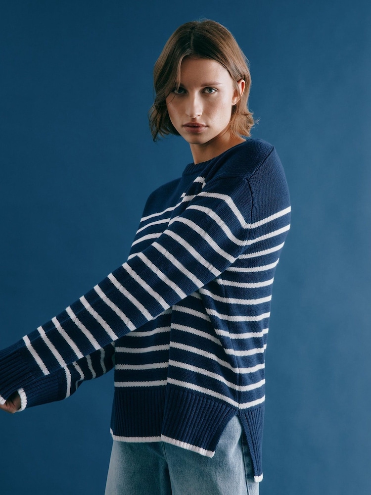 Albaray Blue Breton 100% Cotton Stripe Jumper - Image 1 of 4