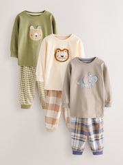 Olive Green/Stone/Ecru Animal Check Woven Bottom Pyjamas 3 Pack (9mths-8yrs) - Image 1 of 7