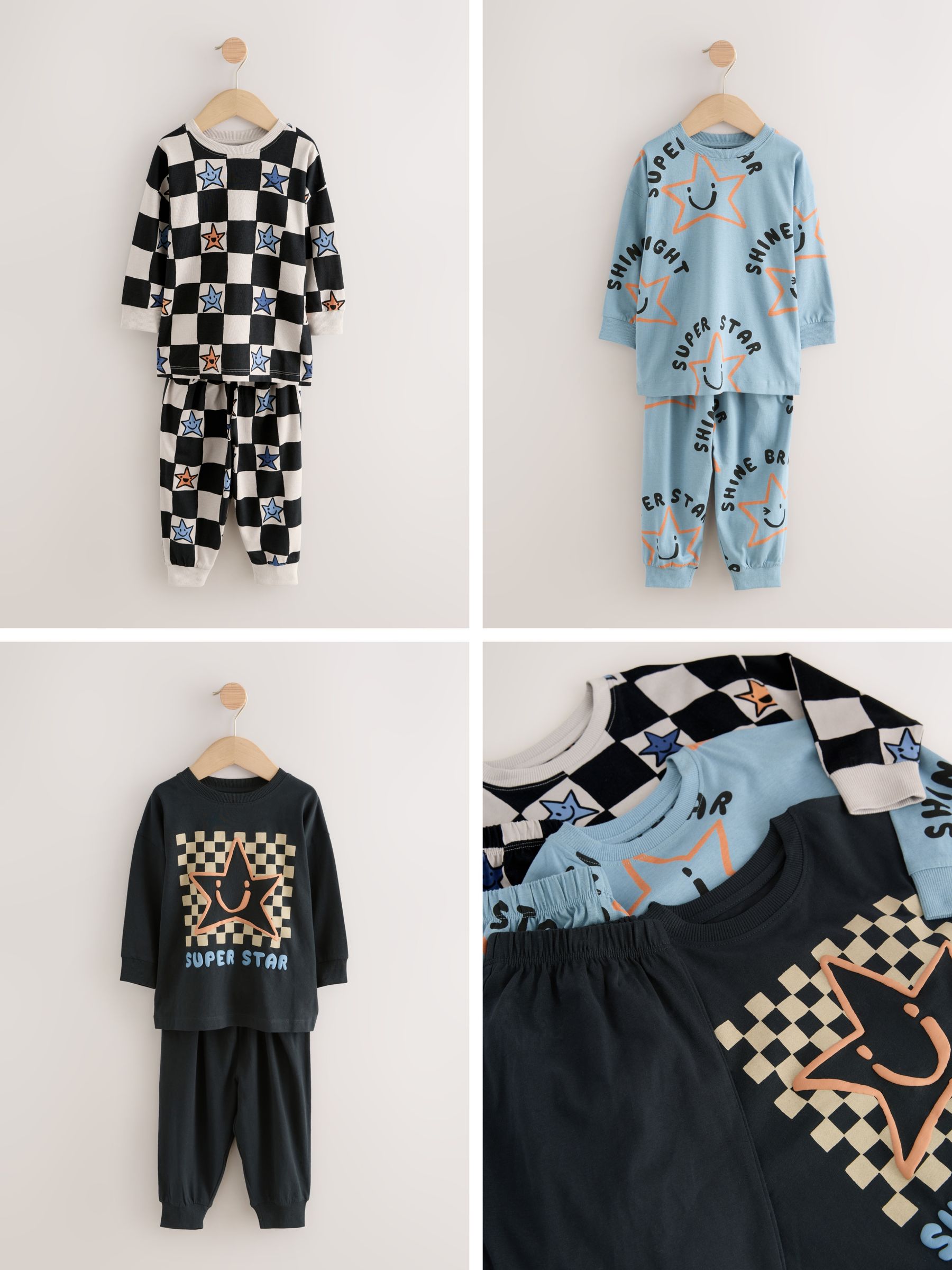 Buy Multi Star and Checkerboard Oversized Pyjamas 3 Pack (9mths-10yrs ...
