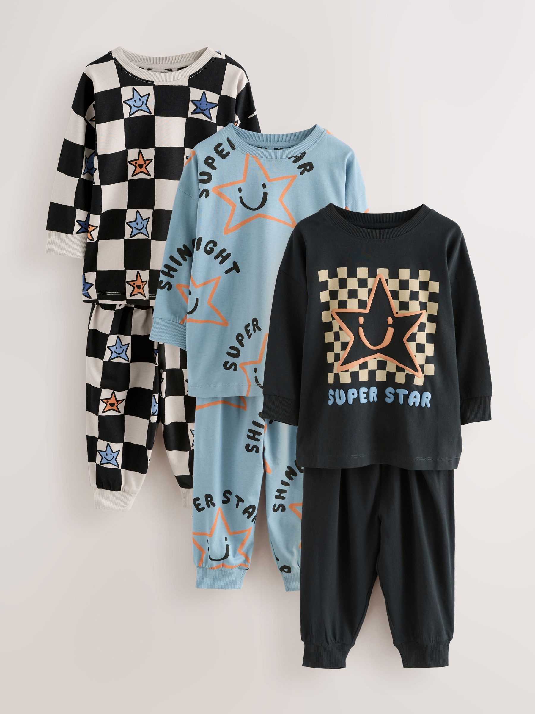 Buy Multi Star and Checkerboard Oversized Pyjamas 3 Pack (9mths-10yrs ...