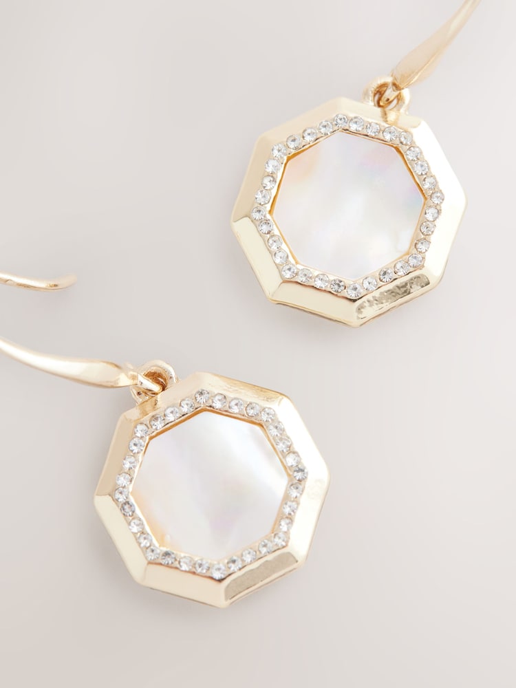 Gold Tone Mother Of Pearl Octagon Drop Earrings - Image 3 of 4