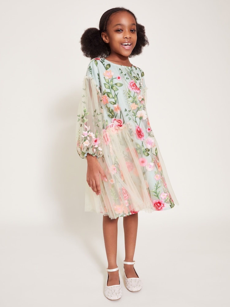 Monsoon Green Heather Long Sleeve Floral Print Embroidered Dress - Image 1 of 4