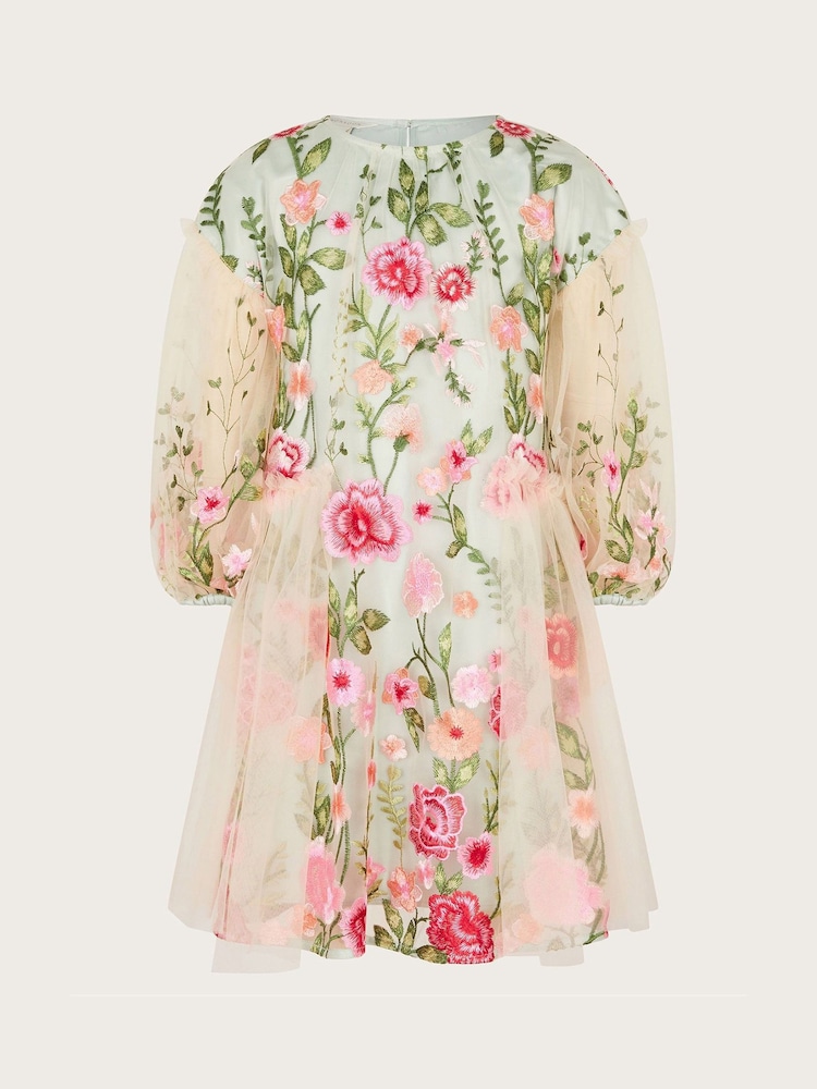 Monsoon Green Heather Long Sleeve Floral Print Embroidered Dress - Image 2 of 4
