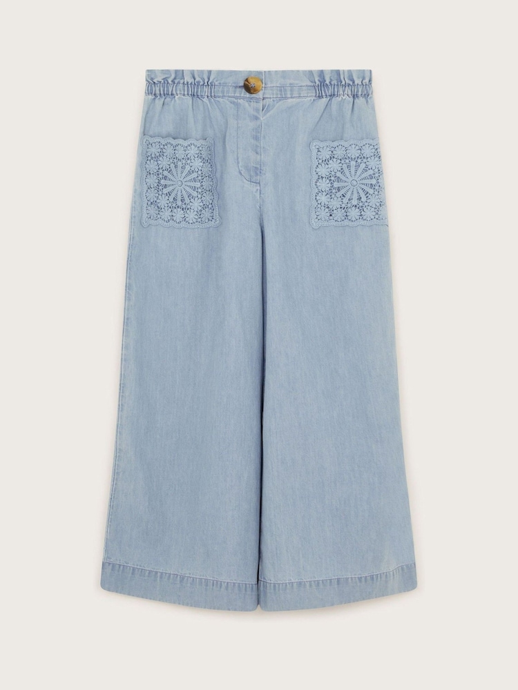 Monsoon Blue 100% Cotton Wide Leg Chambray Trousers - Image 2 of 4
