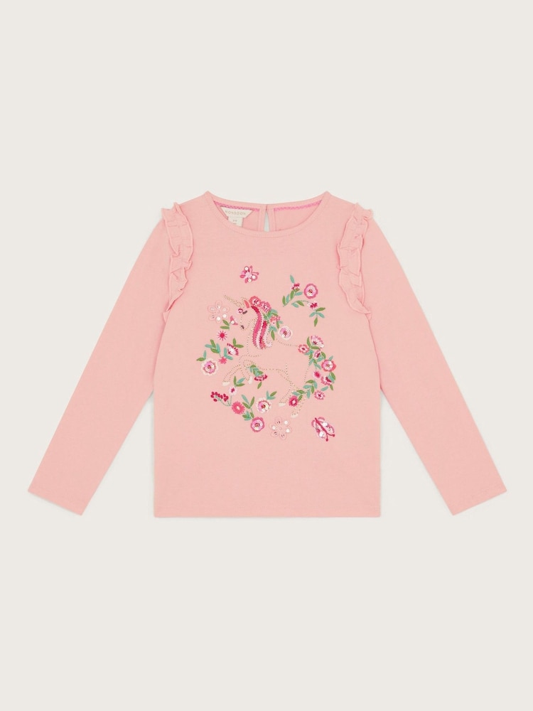 Monsoon Pink 100% Cotton Embellished Unicorn Long Sleeve Top - Image 2 of 4