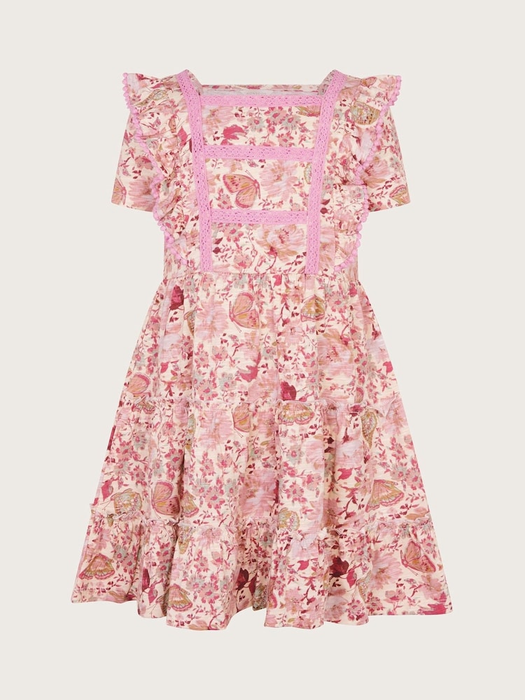 Monsoon Pink Floral Butterfly Print Short Sleeve 100% Cotton Jersey Dress - Image 2 of 3