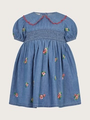Monsoon Blue Baby Floral Print Embroidered Chambray 100% Cotton Dress - Image 1 of 3