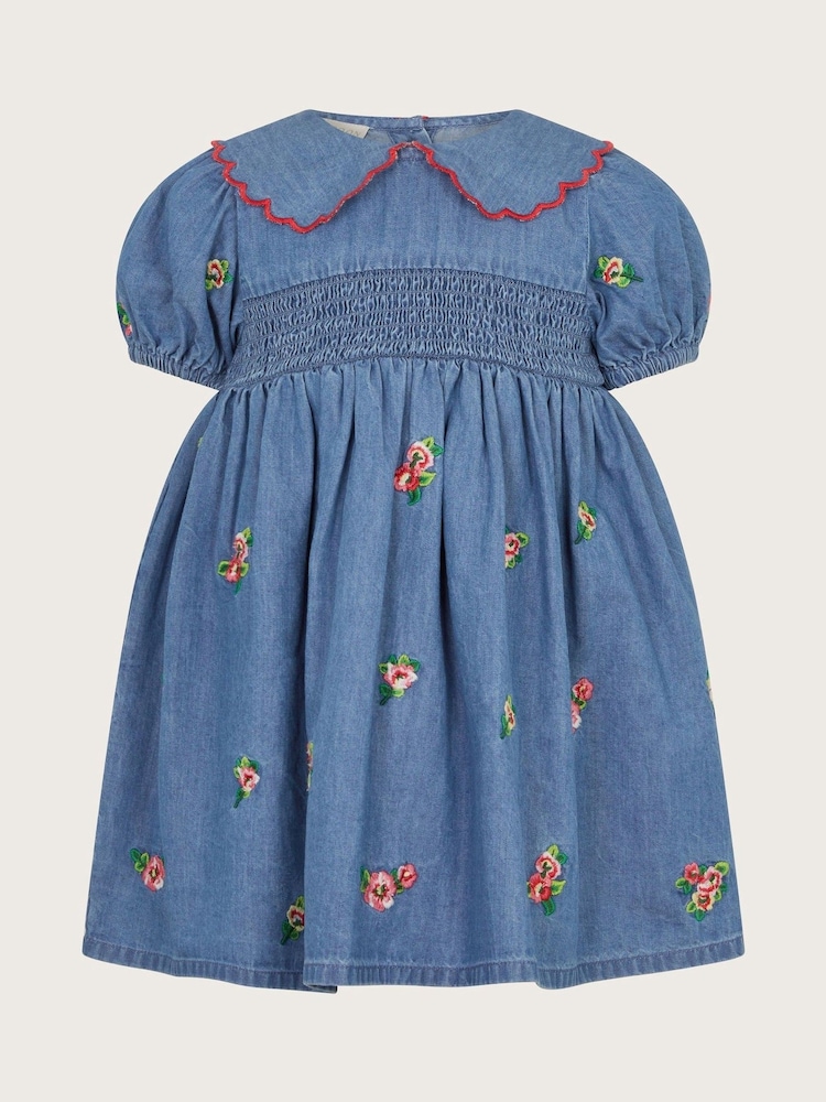 Monsoon Blue Baby Floral Print Embroidered Chambray 100% Cotton Dress - Image 1 of 3