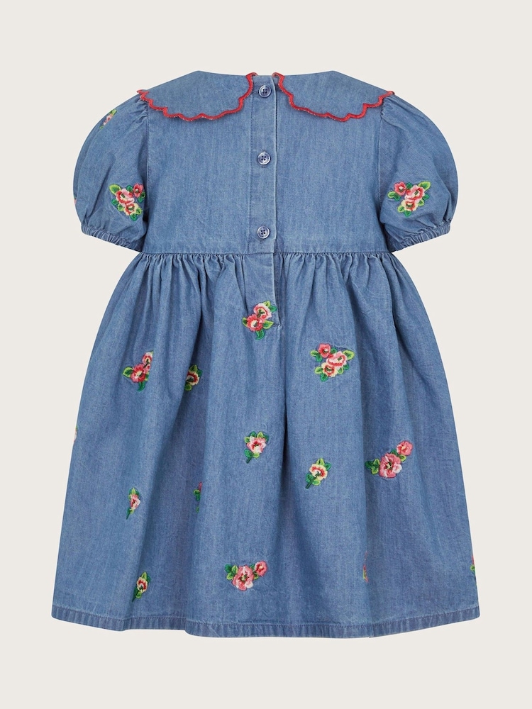 Monsoon Blue Baby Floral Print Embroidered Chambray 100% Cotton Dress - Image 2 of 3