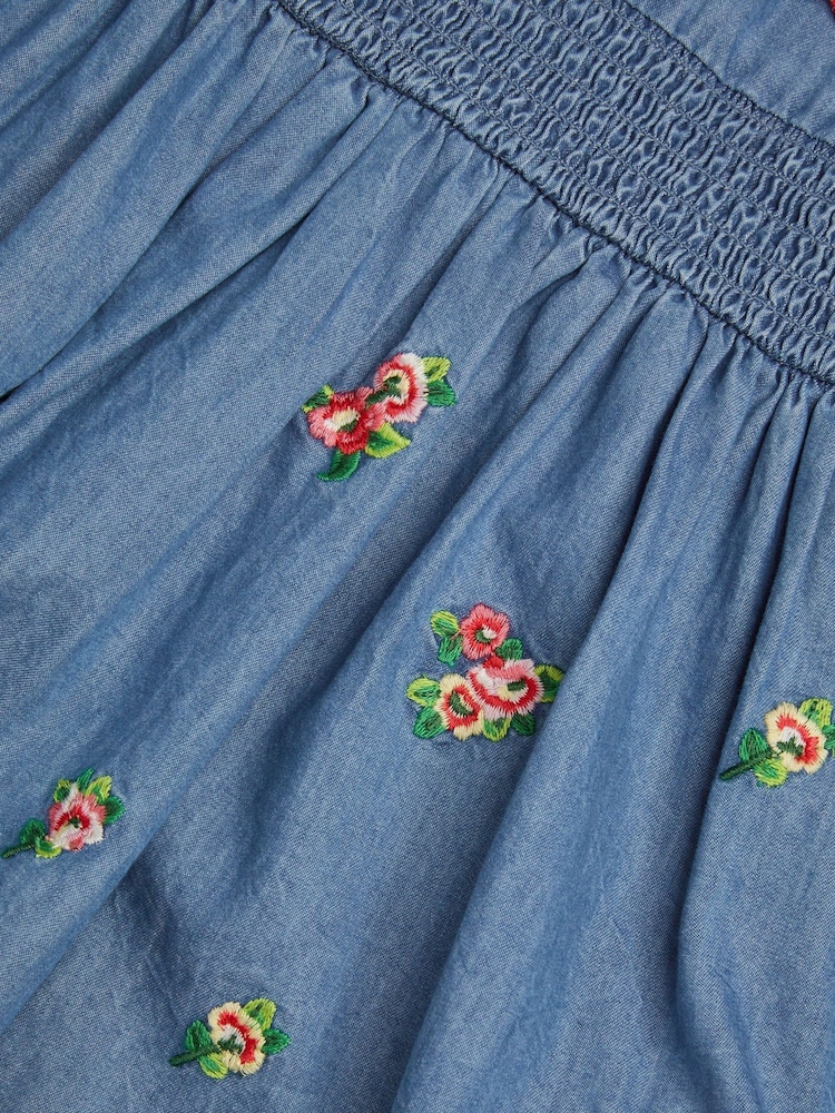 Monsoon Blue Baby Floral Print Embroidered Chambray 100% Cotton Dress - Image 3 of 3