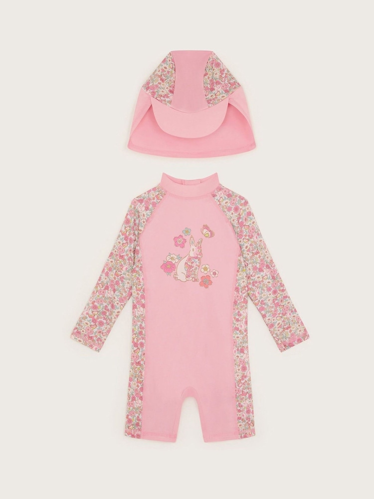 Monsoon Pink Baby Bunny UPF 50+ Long Sleeve Swimsuit and Sun Hat Set - Image 1 of 3