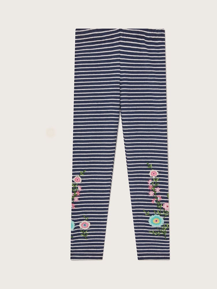 Monsoon Blue Floral Print Embroidered Stripe Leggings - Image 1 of 3