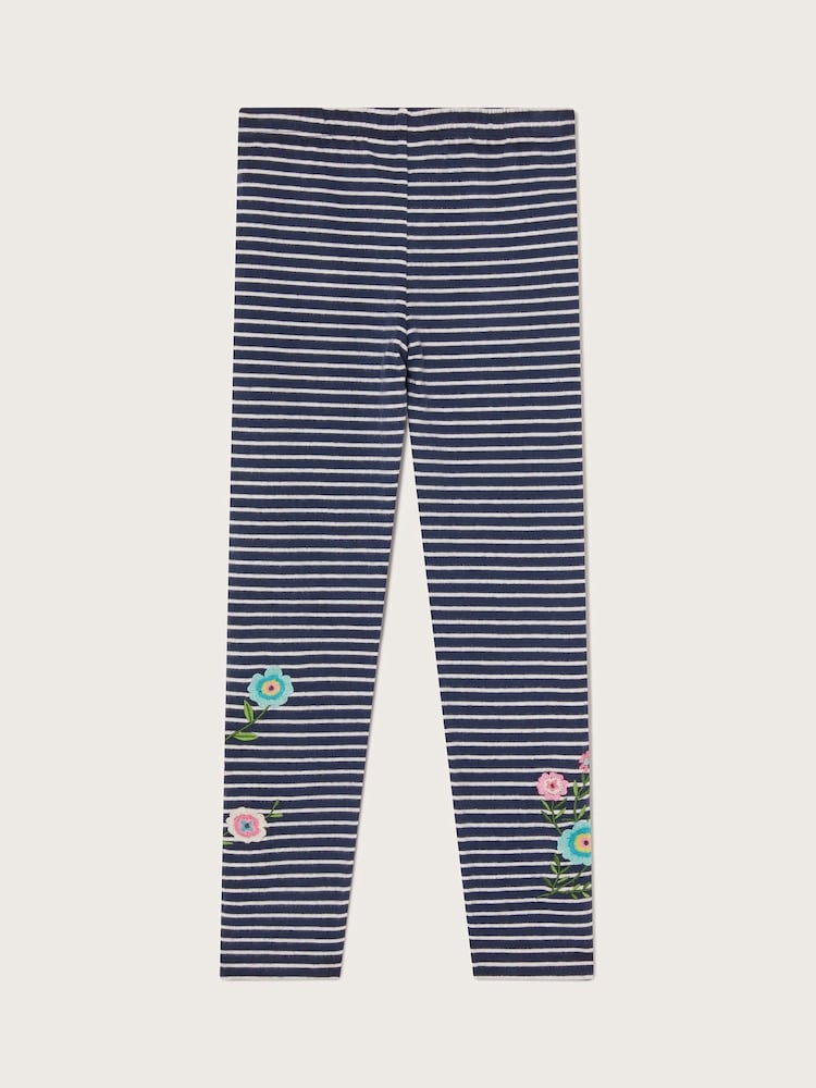 Monsoon Blue Floral Print Embroidered Stripe Leggings - Image 2 of 3