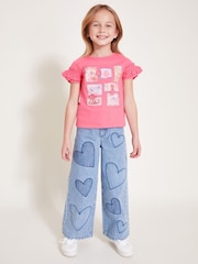 Monsoon Pink Stamp Print Ruffle 100% Cotton T-Shirt - Image 1 of 4