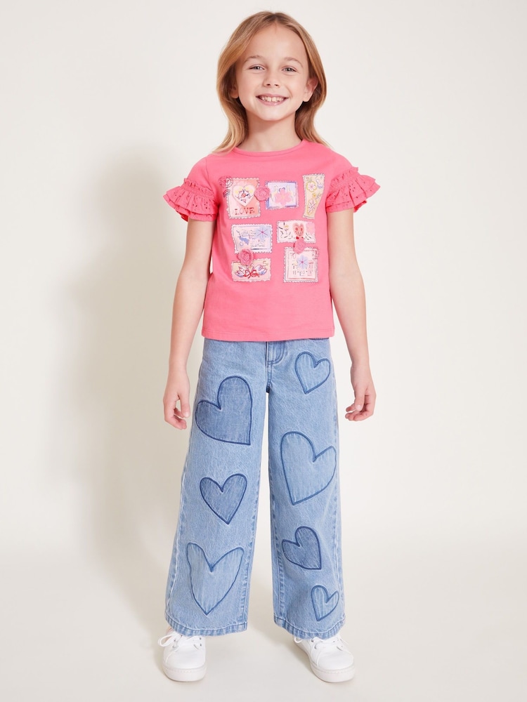 Monsoon Pink Stamp Print Ruffle 100% Cotton T-Shirt - Image 1 of 4