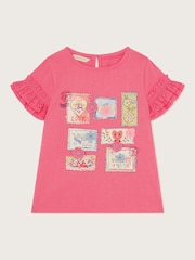 Monsoon Pink Stamp Print Ruffle 100% Cotton T-Shirt - Image 2 of 4