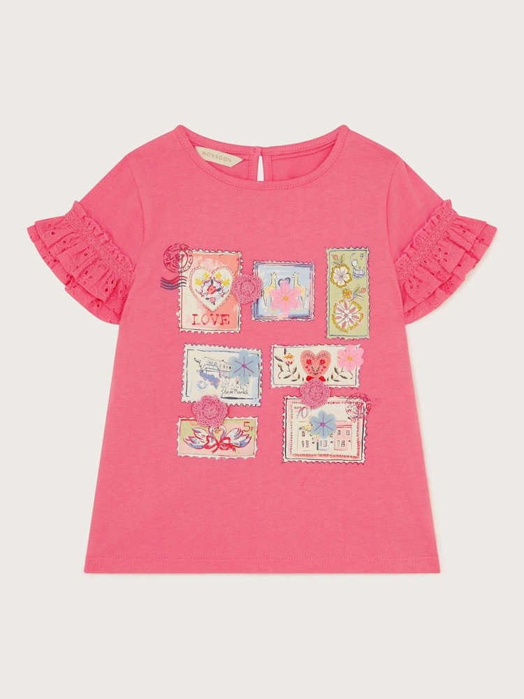 Monsoon Pink Stamp Print Ruffle 100% Cotton T-Shirt - Image 2 of 4