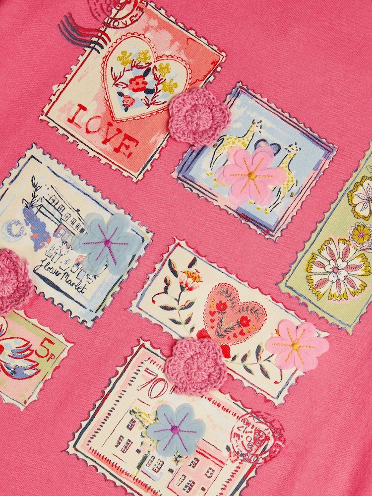 Monsoon Pink Stamp Print Ruffle 100% Cotton T-Shirt - Image 4 of 4