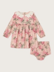 Monsoon Pink Newborn Betsy Crochet Collar Dress and Floral Print Briefs Set - Image 1 of 3