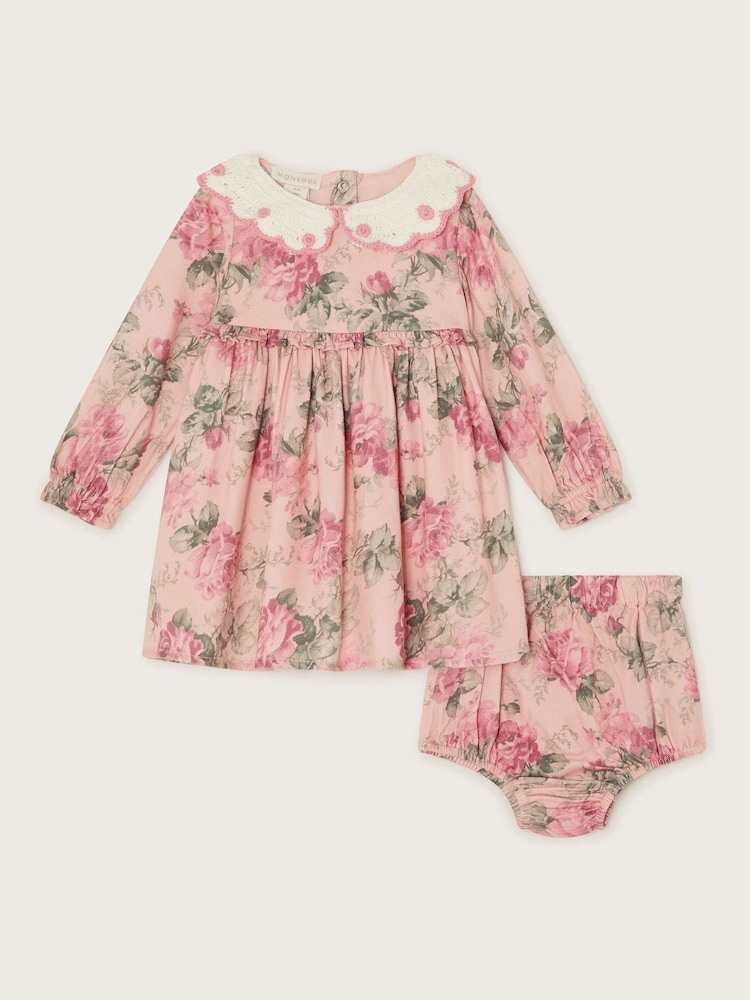 Monsoon Pink Newborn Betsy Crochet Collar Dress and Floral Print Briefs Set - Image 1 of 3 Monsoon Pink Newborn Betsy Crochet Collar Dress and Floral Print Briefs Set - Image 1 of 3